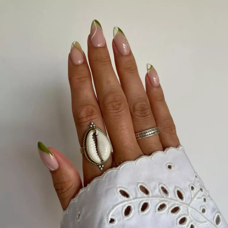white and olive green nails glossy manicure