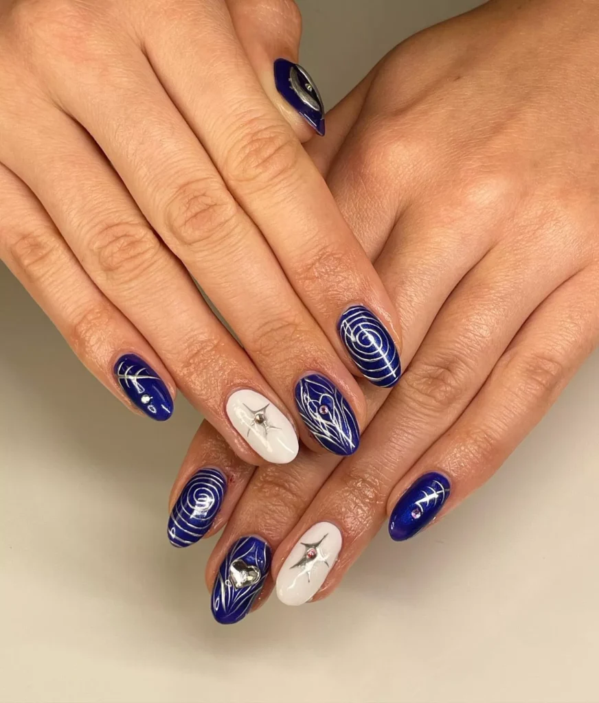blue and silver nails design