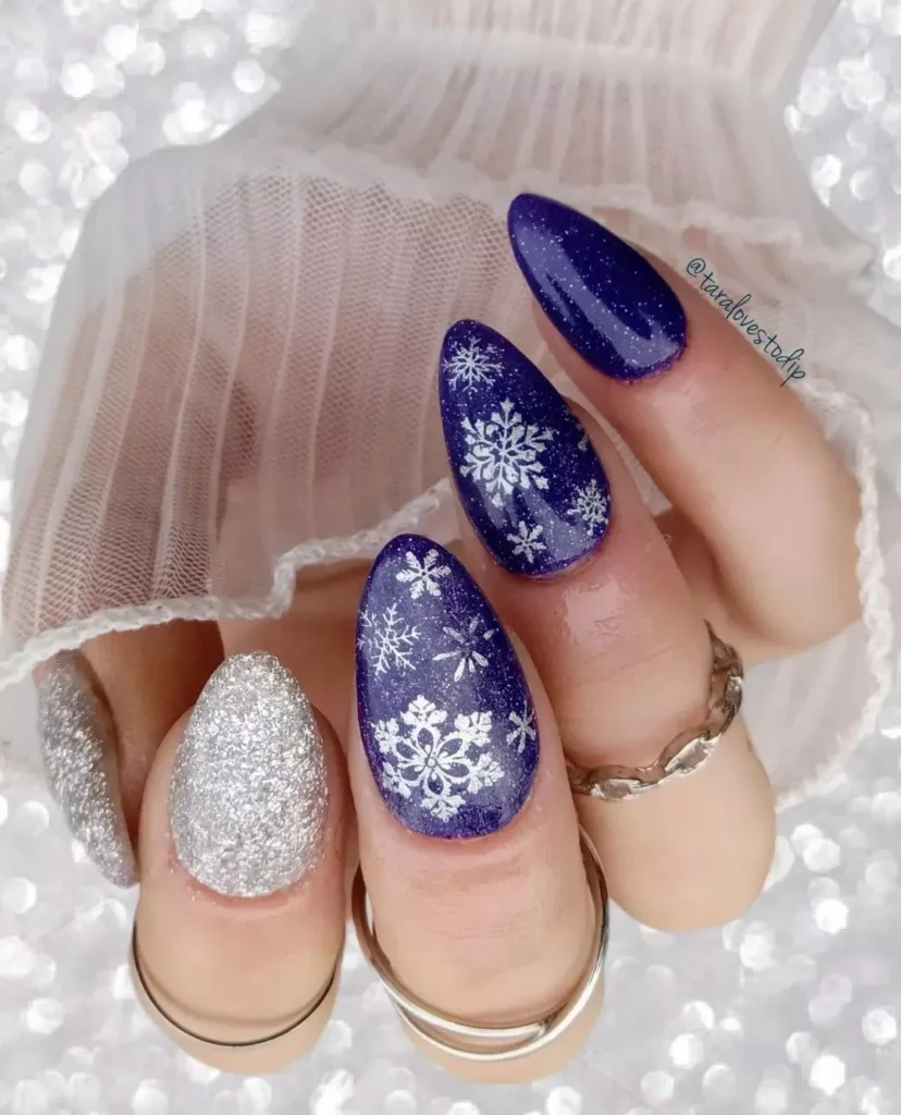 blue and silver glitter manicure