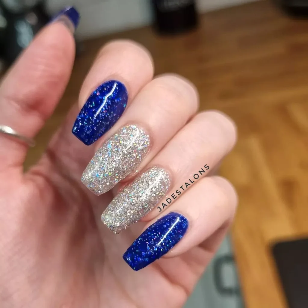 blue and silver chrome manicure