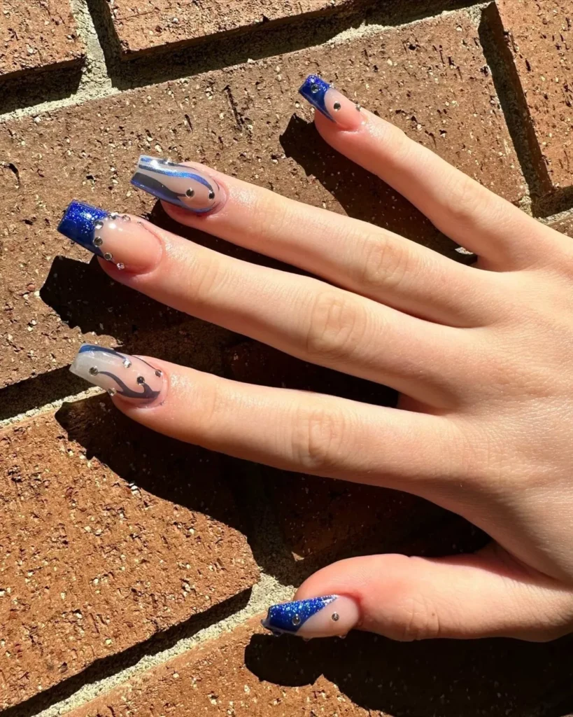 blue and silver glam nails
