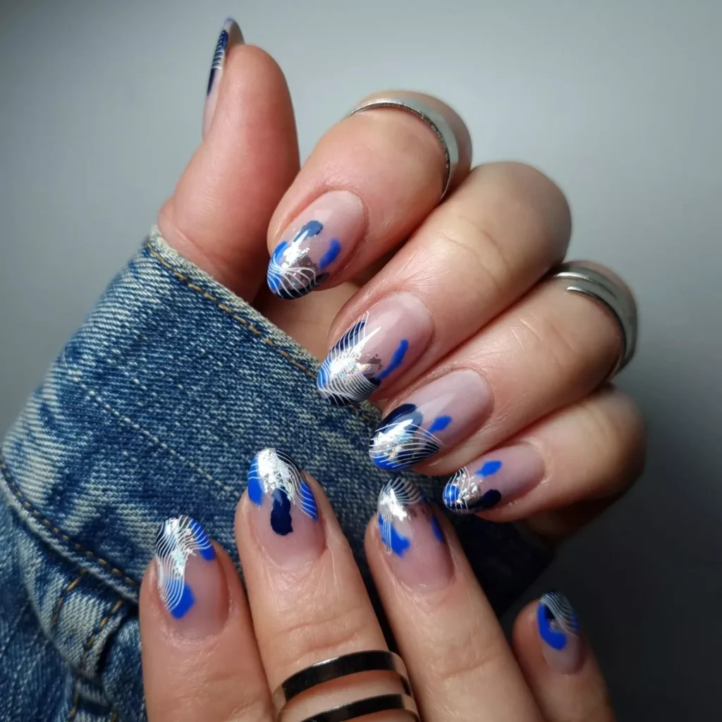 blue and silver glitter nails