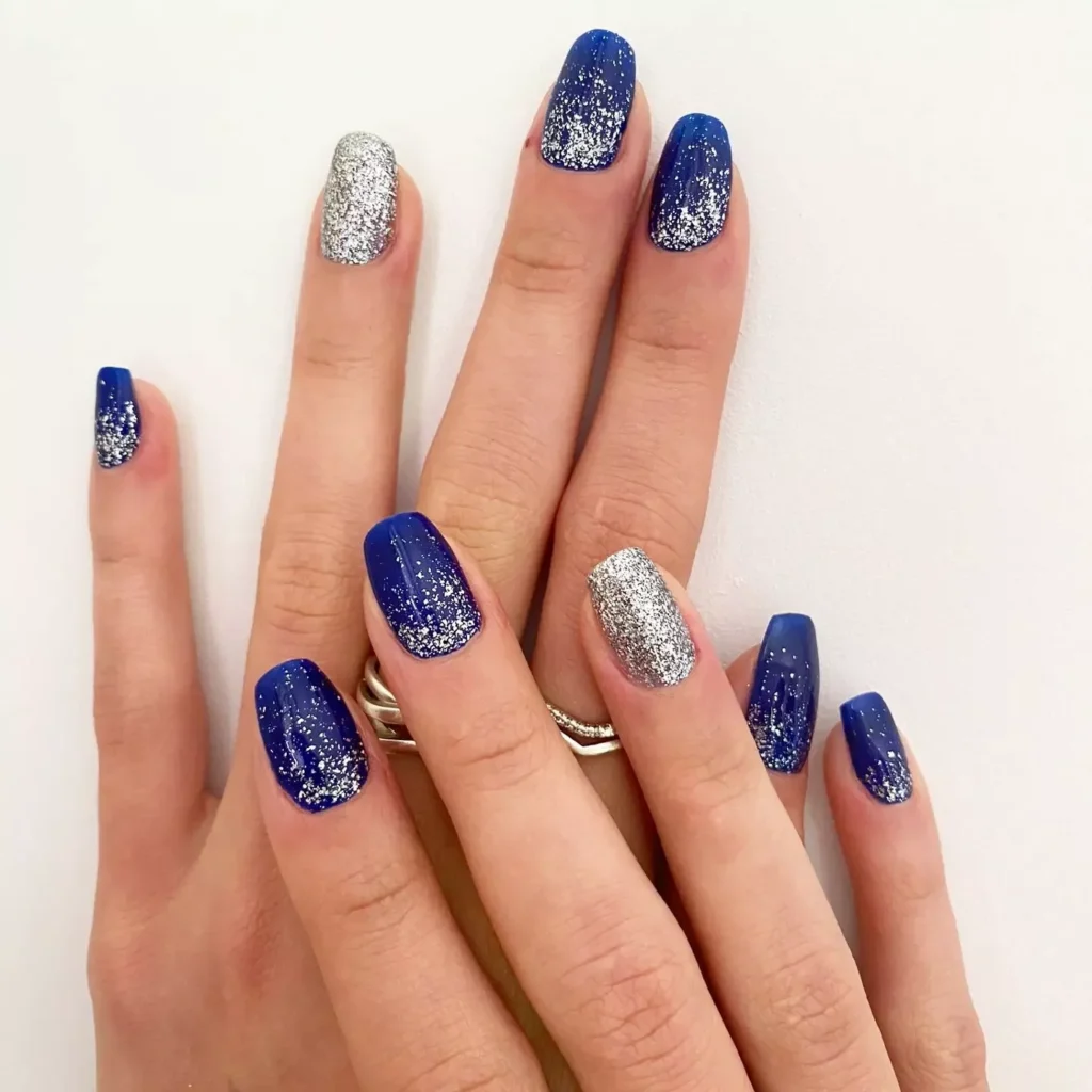 blue and silver chrome nails