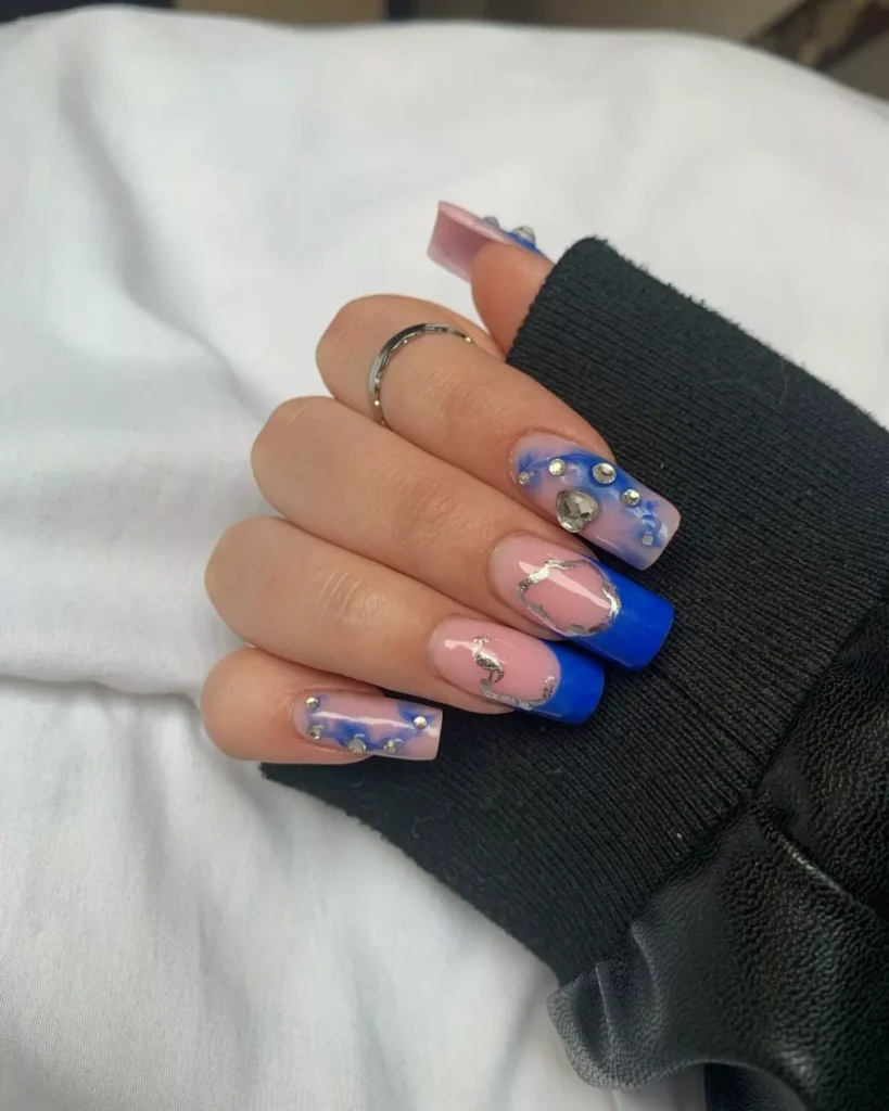 blue and silver acrylic nails design