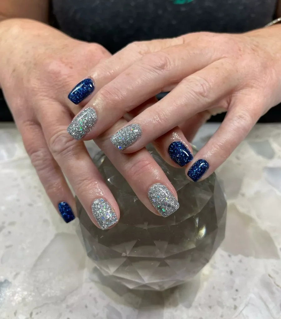 blue and silver glitter nail art