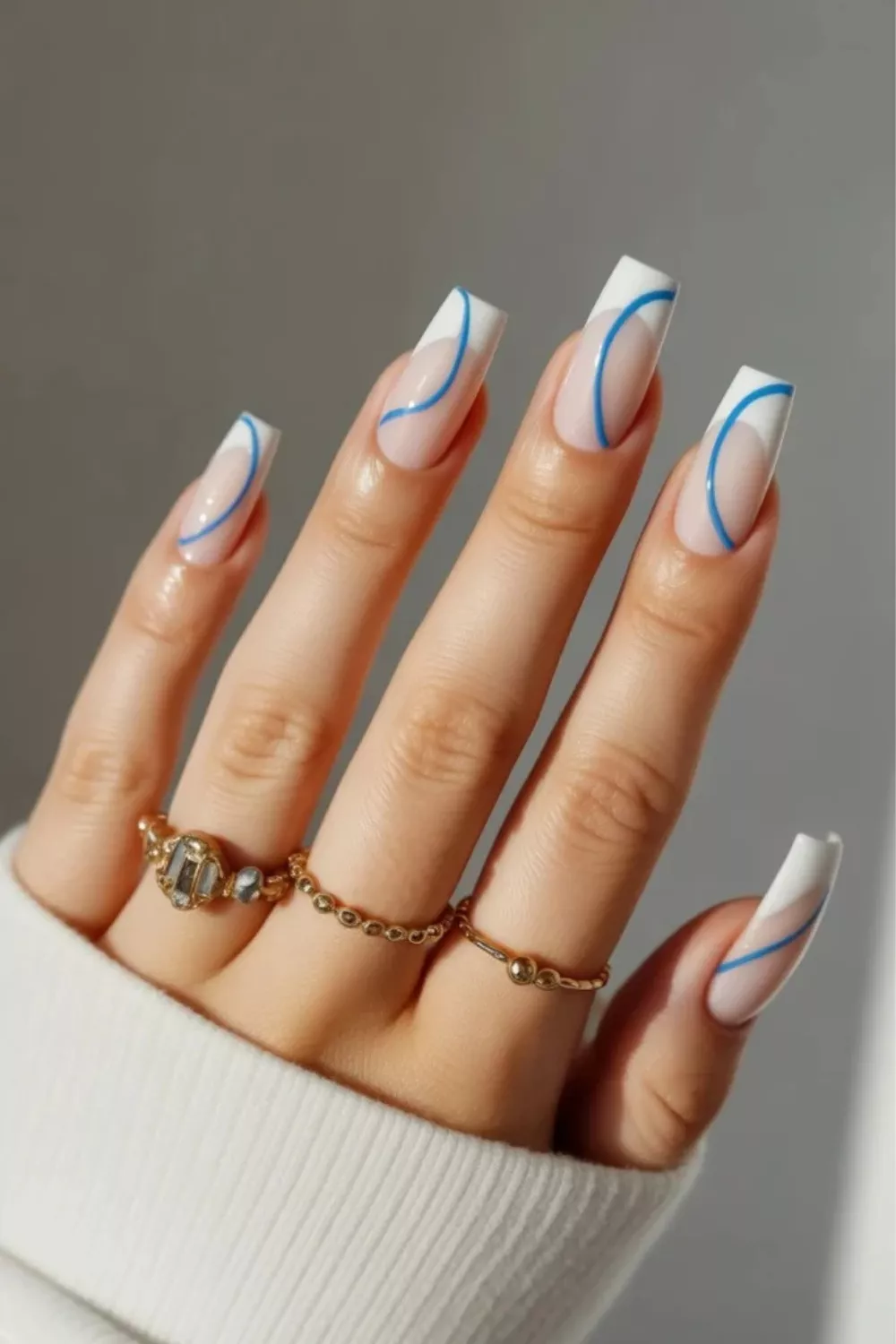 blue and white nails acrylic design