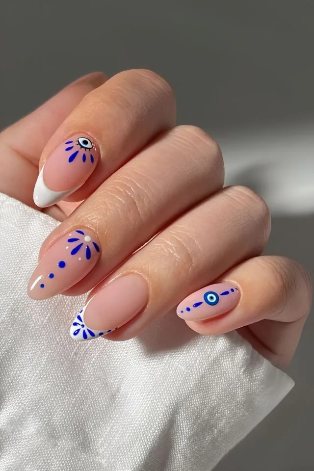 blue and white nails mix design