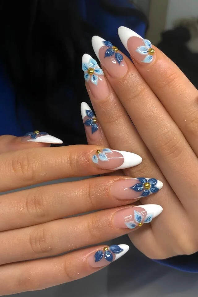 blue and white nails glossy manicure
